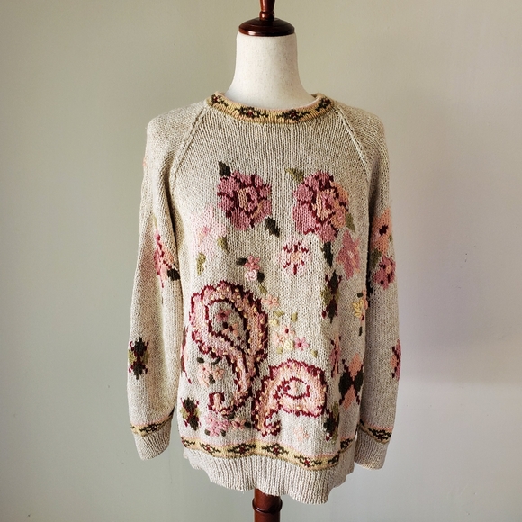 Vintage Hand Knit Van Heusen For Her Floral Cottagecore Sweater Pullover XL - Picture 3 of 16